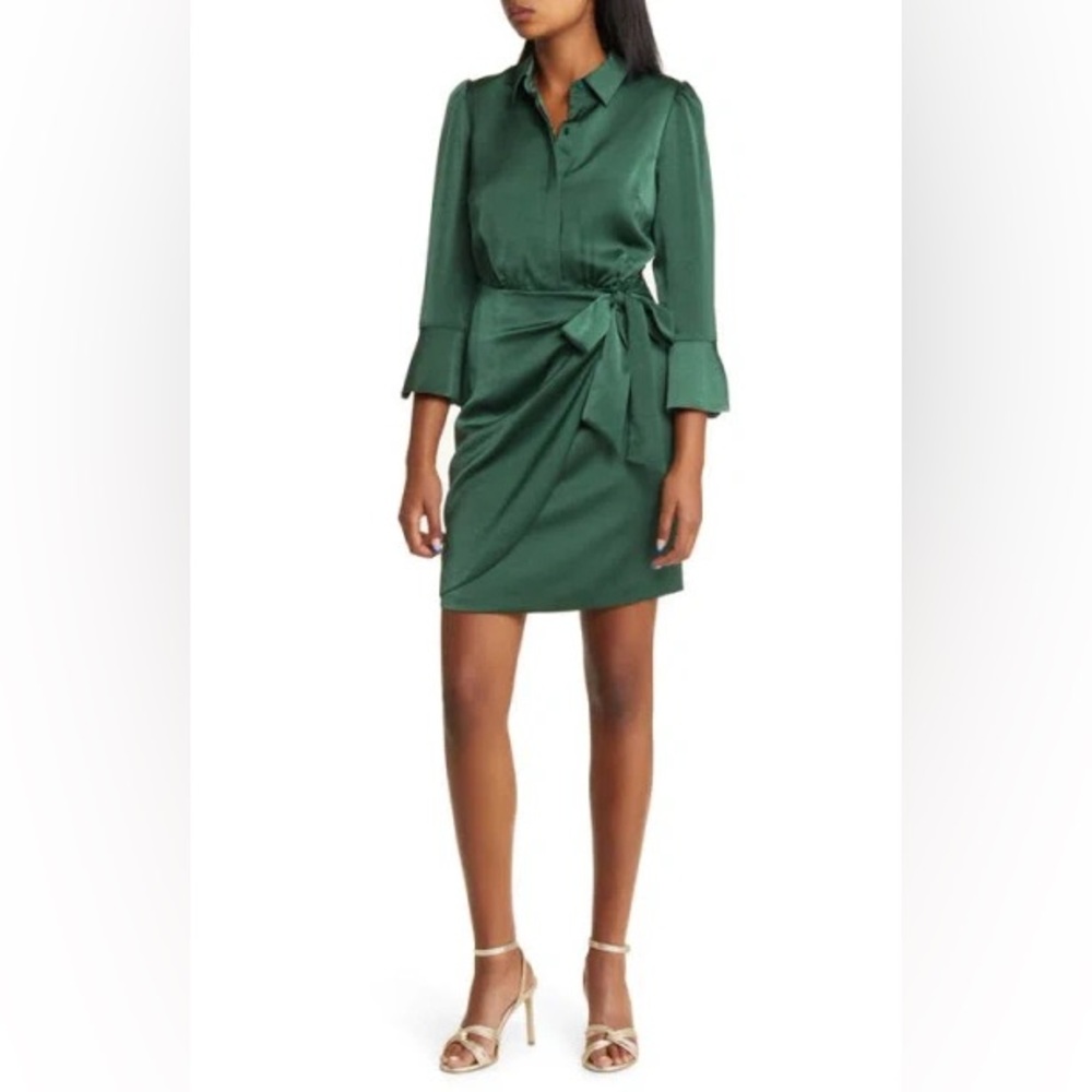 Vince Camuto Emerald Green Satin Button Down Tie Waist Shirt Dress